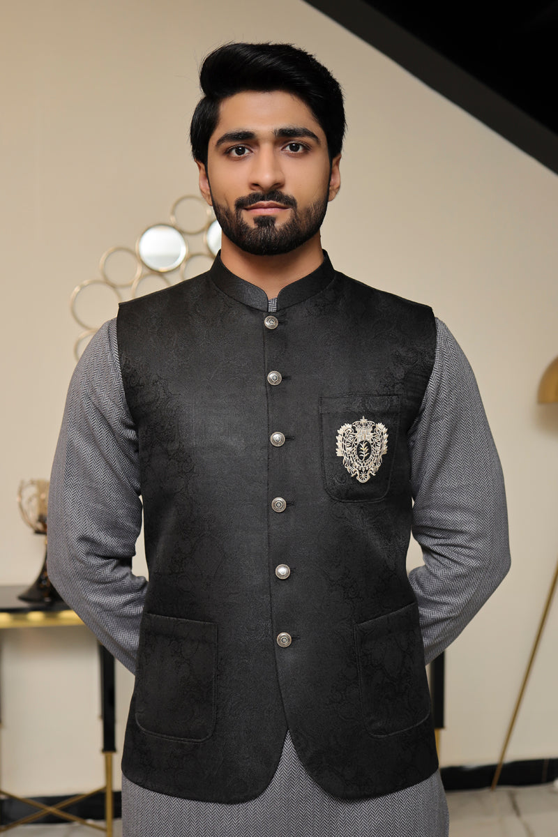 Price Jamawar Wasket Men Premium Jamawar Waistcoat Black