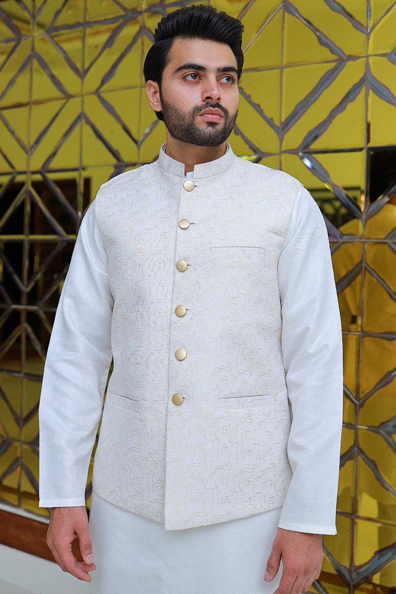 Jamawar Waistcoat White Waistcoat Mens Jamawar Wedding - Main Image