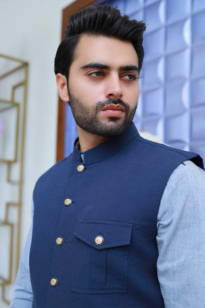 Blue shalwar kameez 2024 mens with waistcoat