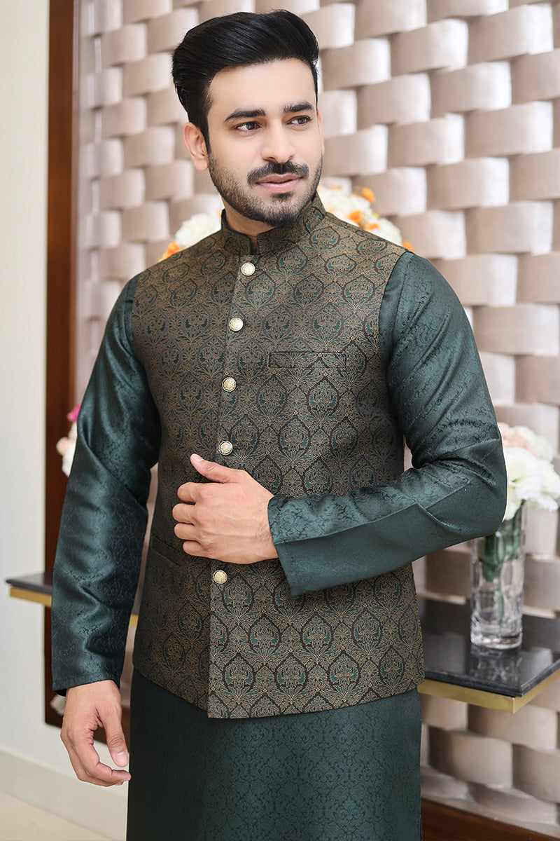 Men Self Printed Jamawar Waistcoat Green - Main Image