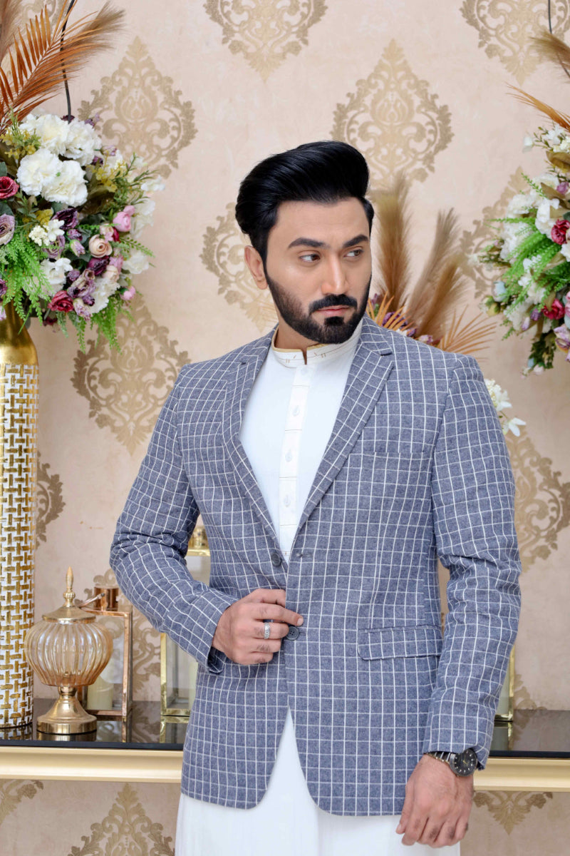 Men Casual Coat Blue Check - Main Image