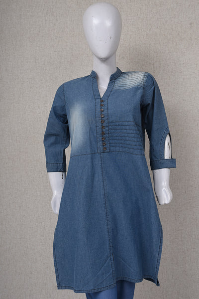 Women Denim Kurti with cut Opening Sleeve Blue SaeedAjmal