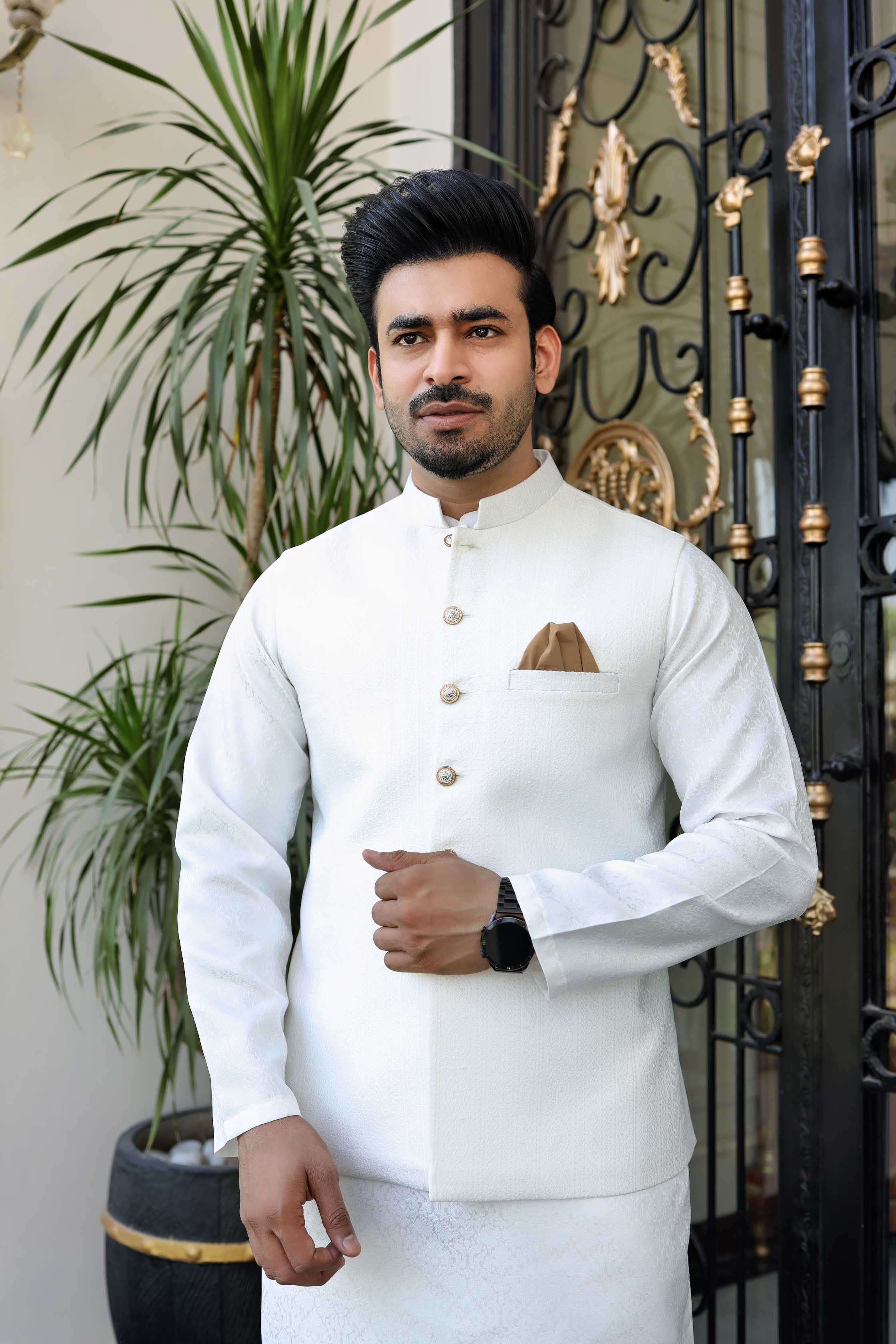 Premium White waistcoat Jamawar Fabric