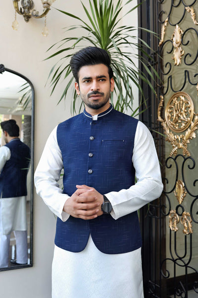 Premium Blue Waistcoat Jacquard Fabric