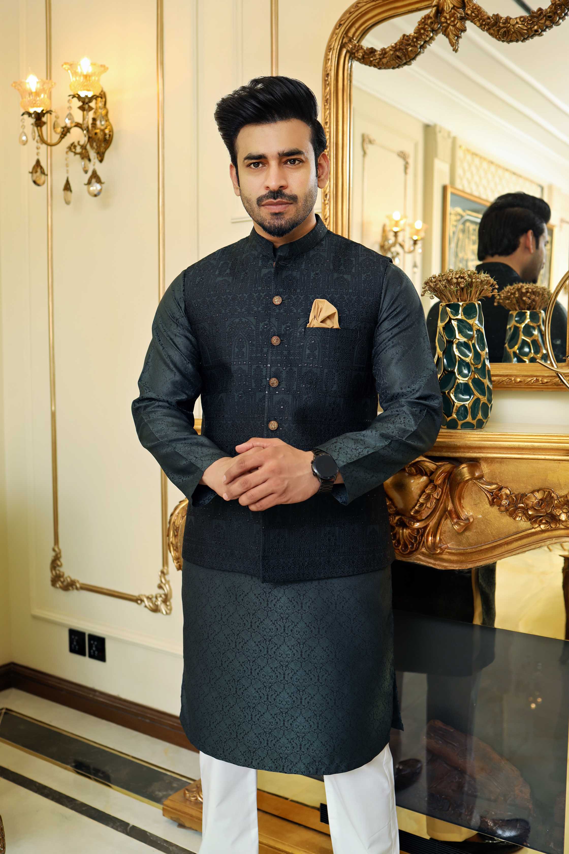 Premium Green waistcoat Jamawar Fabric