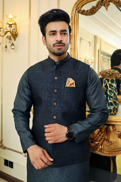 Premium Green waistcoat Jamawar Fabric