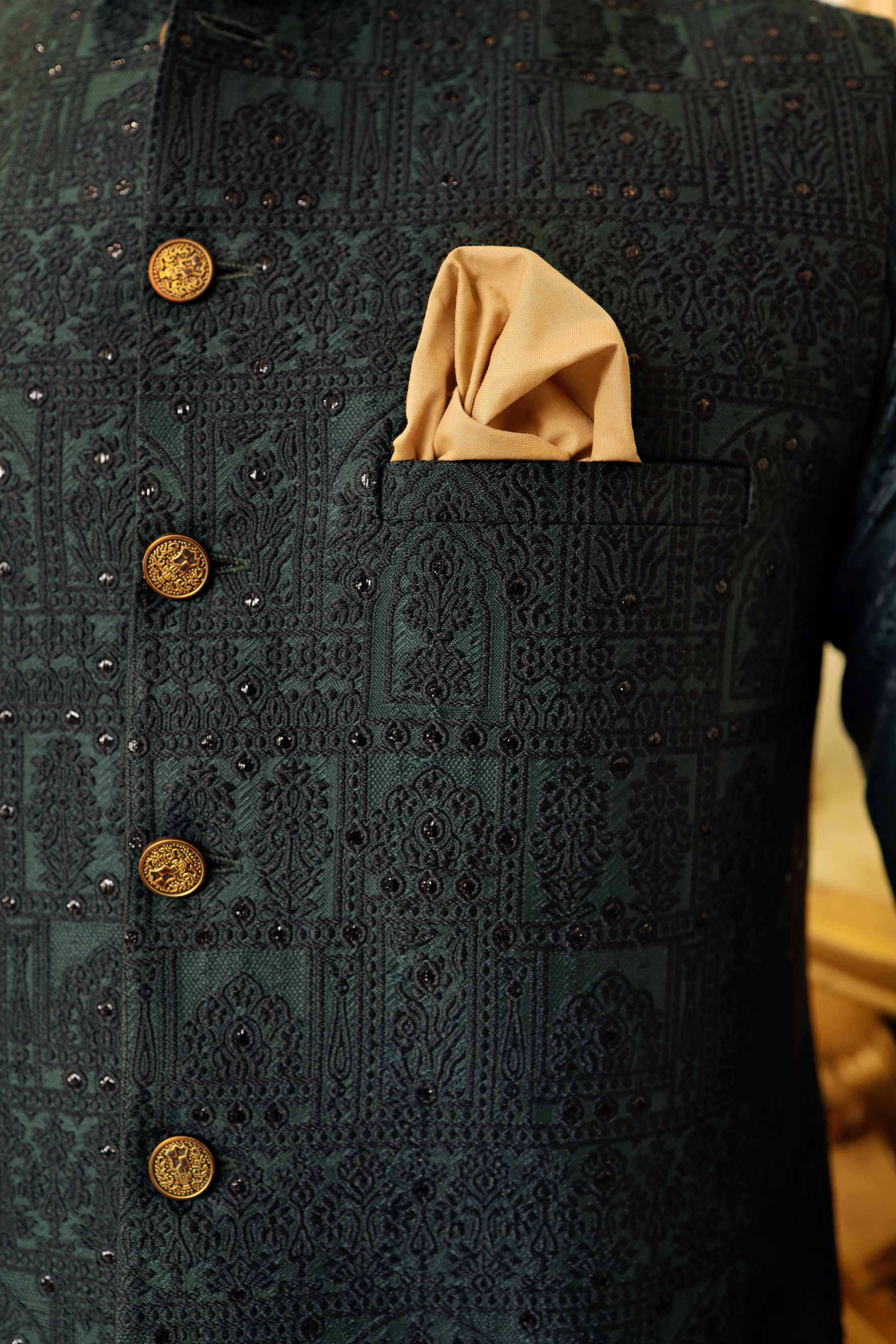 Premium Green waistcoat Jamawar Fabric