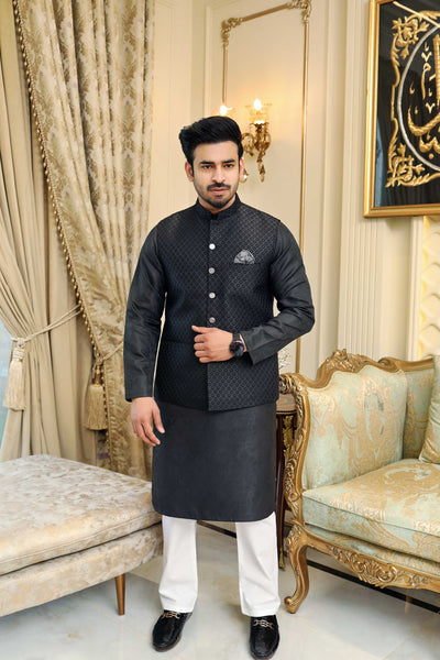 Premium Black waistcoat Jamawar Fabric
