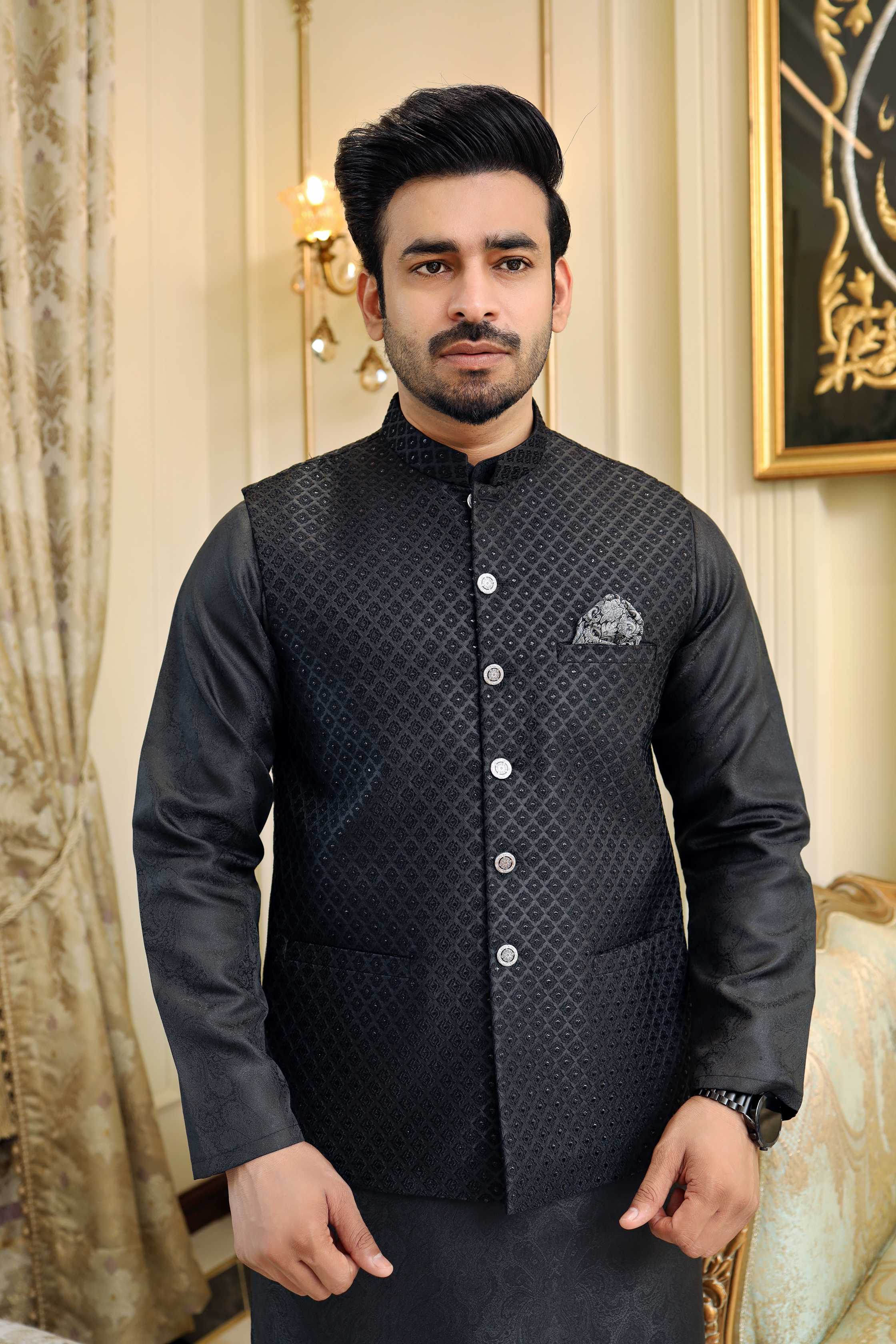 Premium Black waistcoat Jamawar Fabric