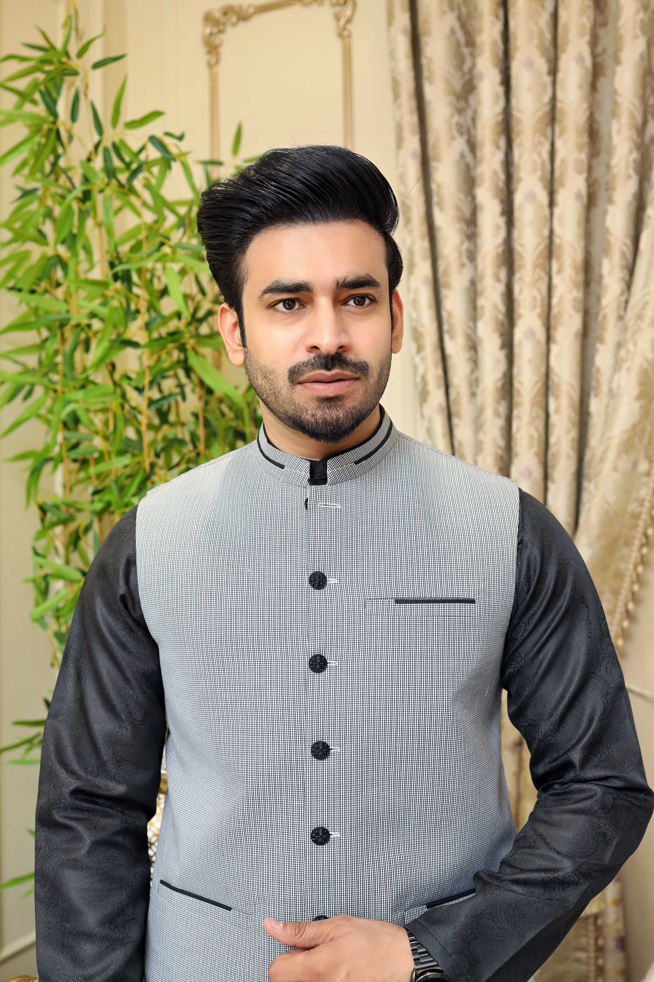 Premium Black Check Waistcoat Jacquard Fabric