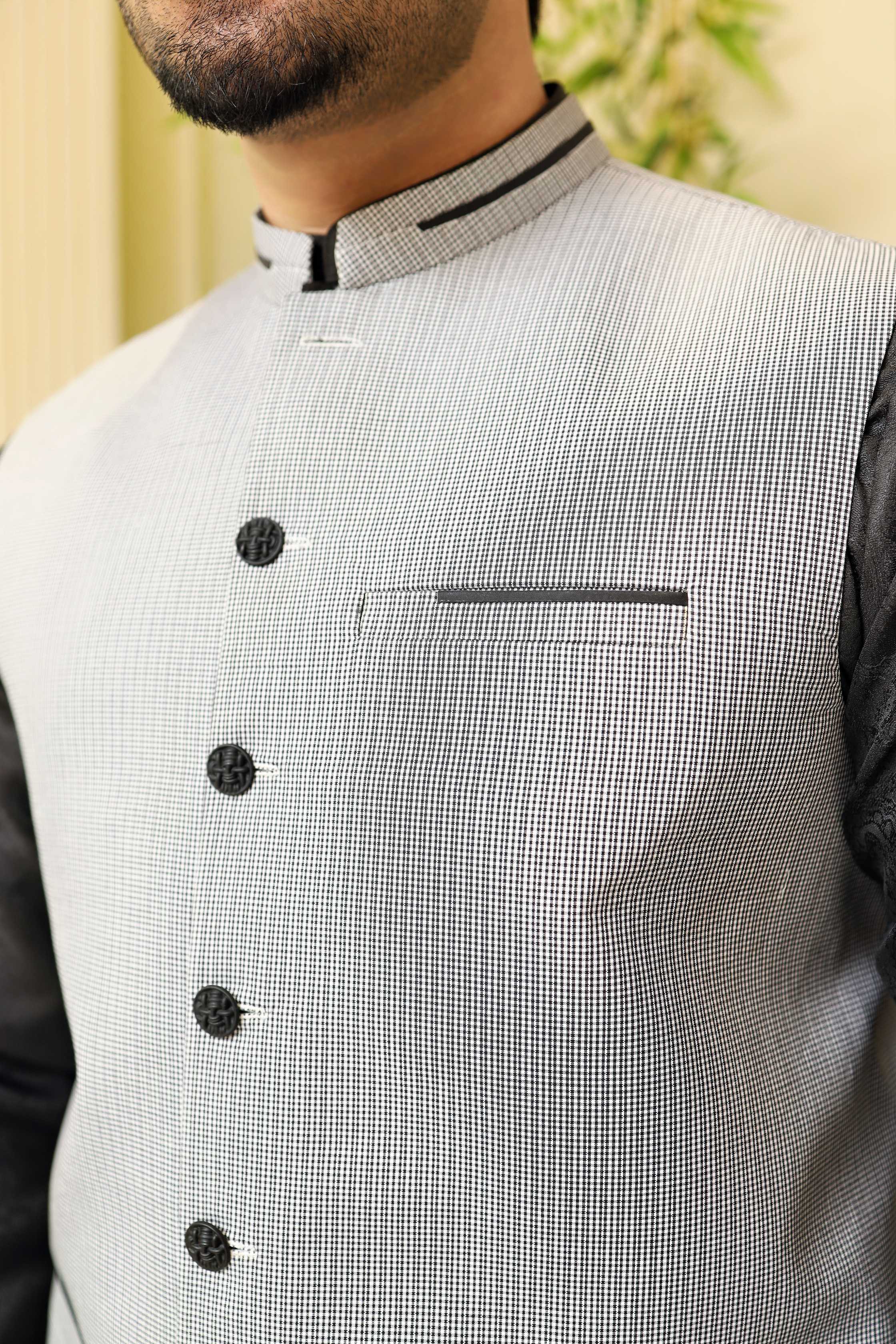 Premium Black Check Waistcoat Jacquard Fabric