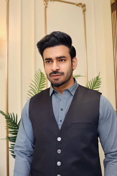 Premium Black V Neck Waistcoat Blended Suiting Fabric