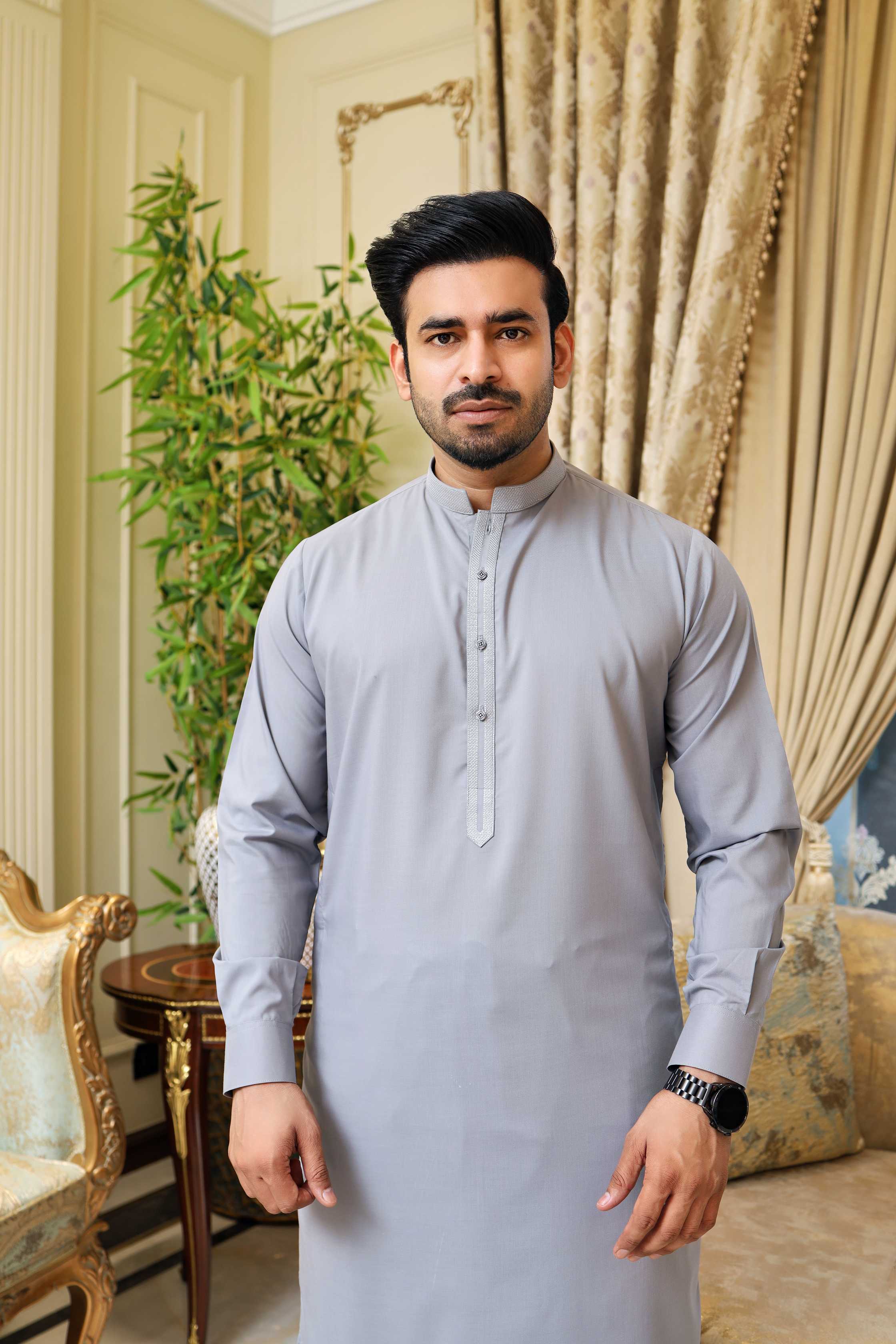 Premium Grey Embroidered Kameez Shalwar Blended Fabric