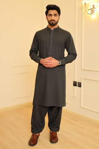 Men Premium Embroidered  Kameez Shalwar Charcoal