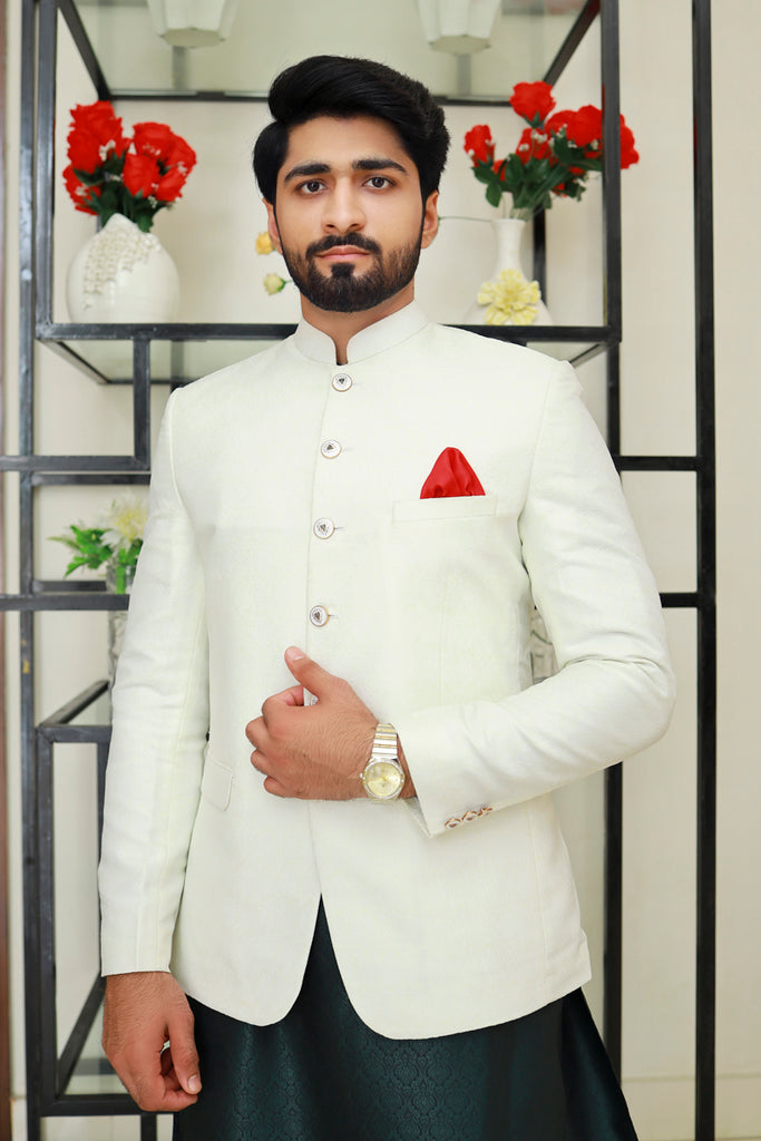 Men Jamawar Prince Coat Offwhite – SA - Main Image