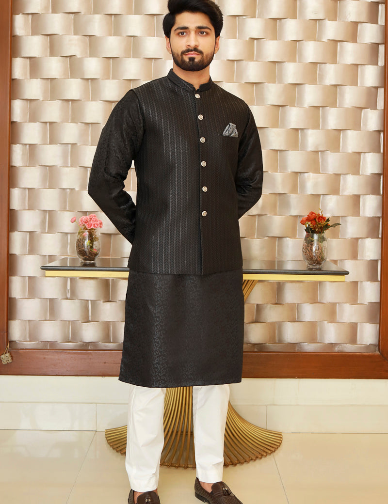 Men Self Printed Jamawar Waistcoat Black