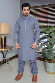 Men Blended Wash-n-Wear Kameez Shalwar Grey-Emb