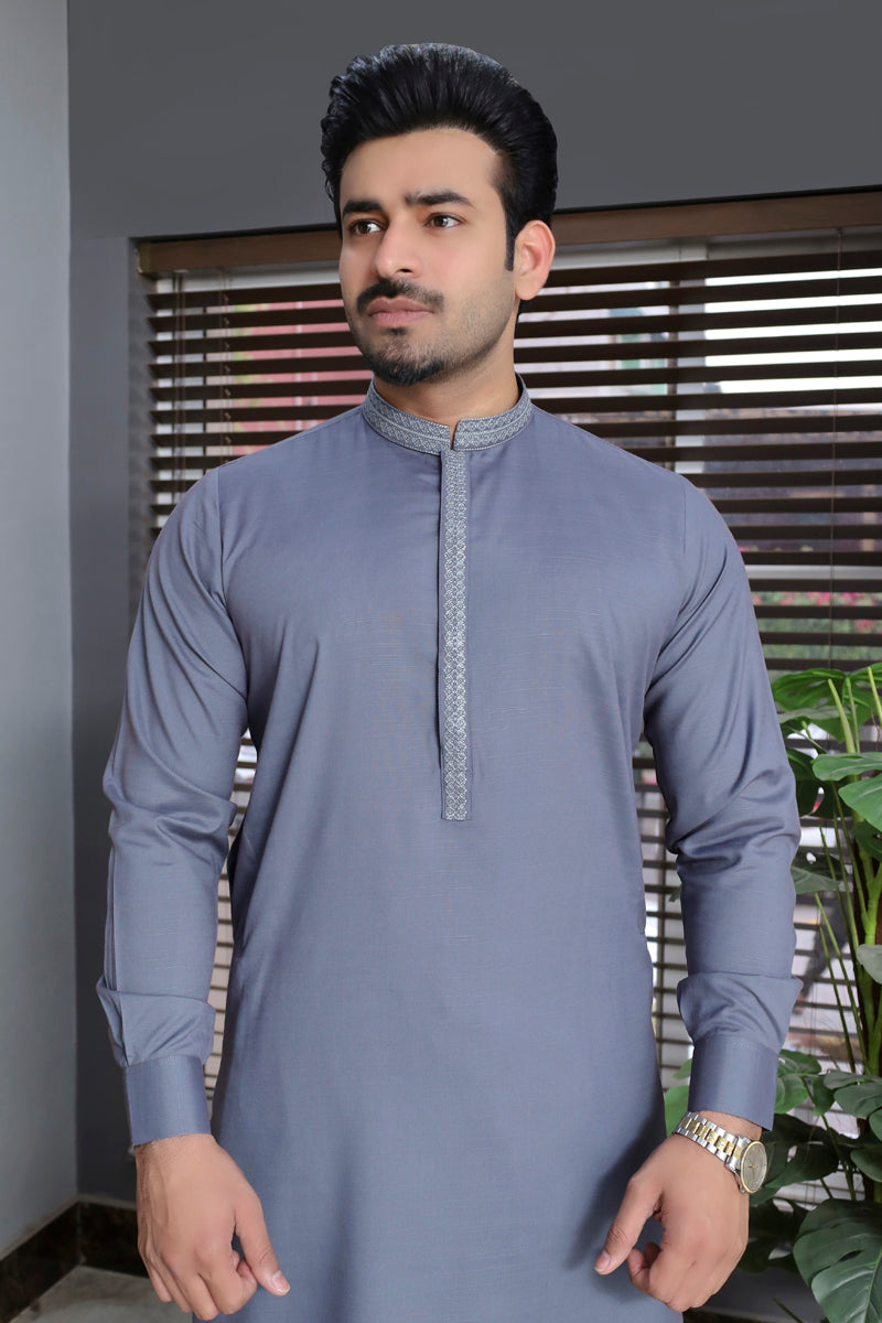 Men Blended Wash-n-Wear Kameez Shalwar Grey-Emb