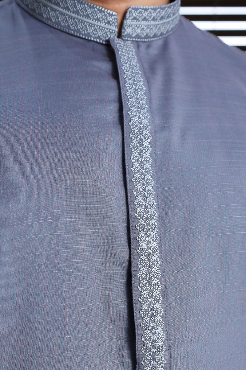 Men Blended Wash-n-Wear Kameez Shalwar Grey-Emb