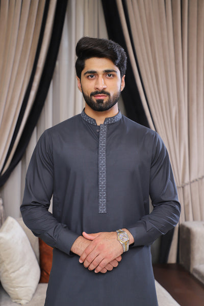 Men’s Charcol Embroidered Shalwar Kameez – Premium Blended Fabric