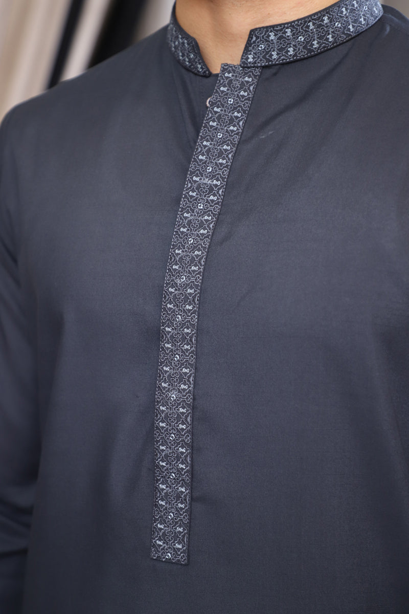 Men’s Charcol Embroidered Shalwar Kameez – Premium Blended Fabric