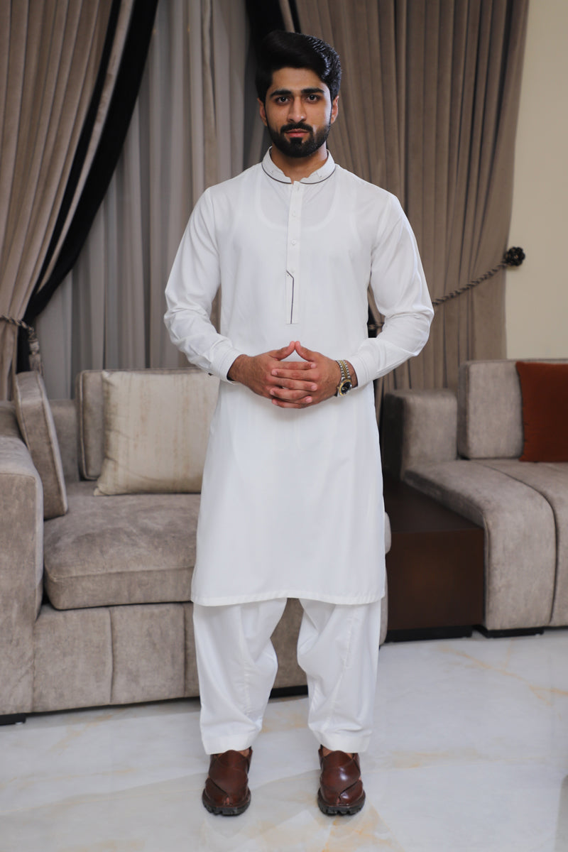 Men’s OFF White Embroidered Shalwar Kameez – Premium Blended Fabric