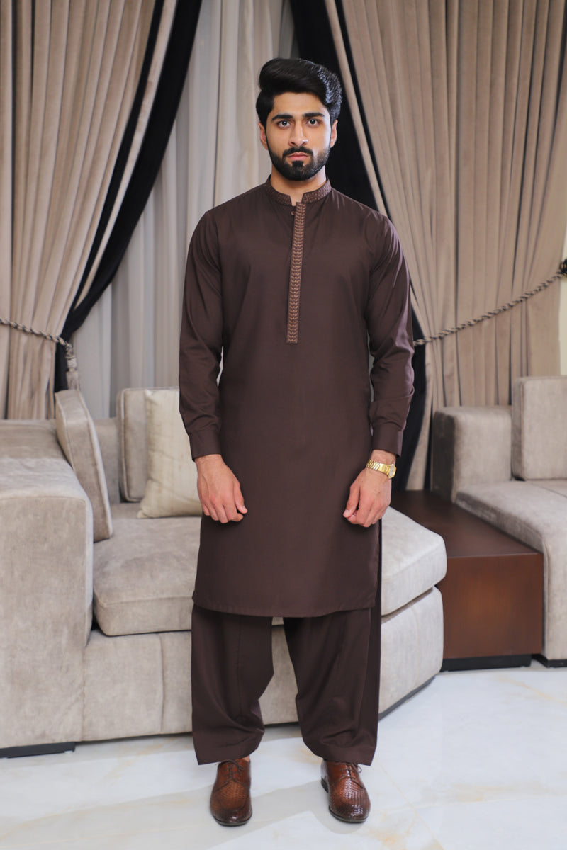 Men’s Brown Embroidered Shalwar Kameez – Premium Blended Fabric