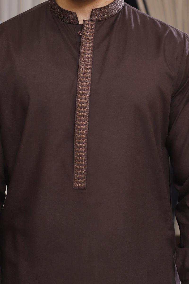 Men’s Brown Embroidered Shalwar Kameez – Premium Blended Fabric