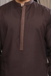 Men’s Brown Embroidered Shalwar Kameez – Premium Blended Fabric