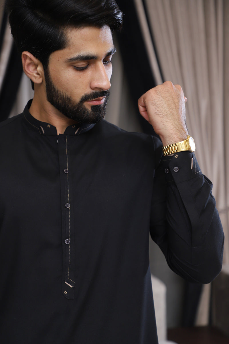 Men’s Noir Black Shalwar Kameez – Premium Blended Fabric