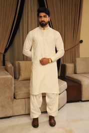 Men’s Cream Embroidered Shalwar Kameez – Premium Blended Fabric