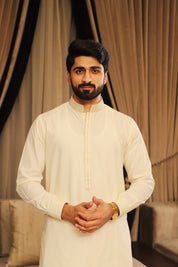 Men’s Cream Embroidered Shalwar Kameez – Premium Blended Fabric
