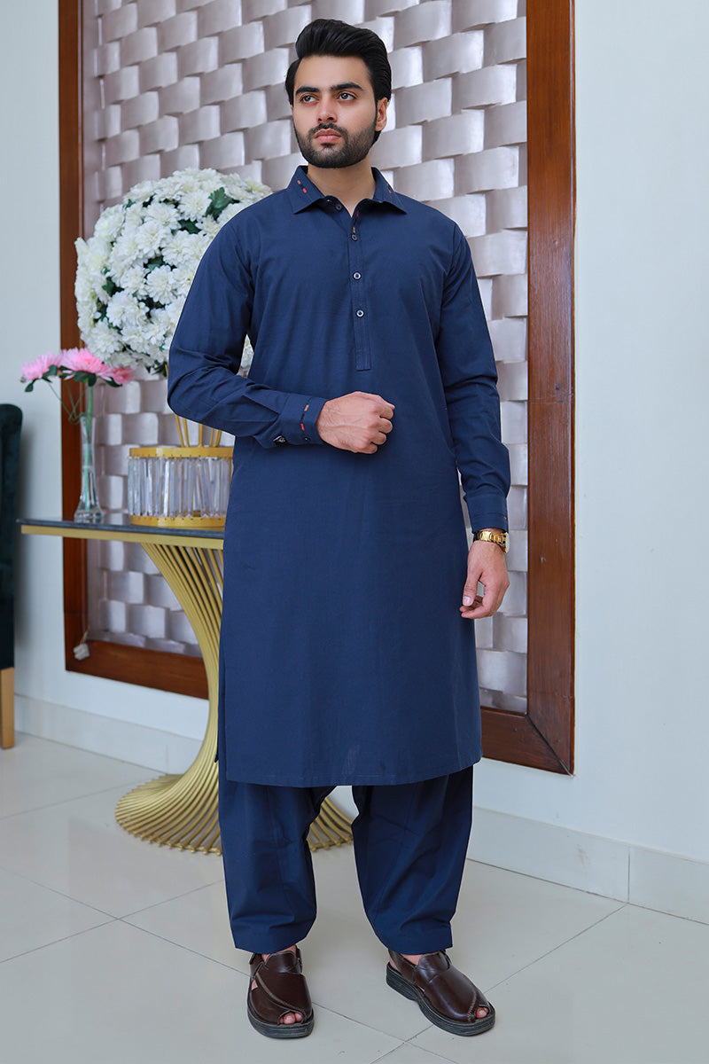 Men Premium Cotton Chambray Suit Navy
