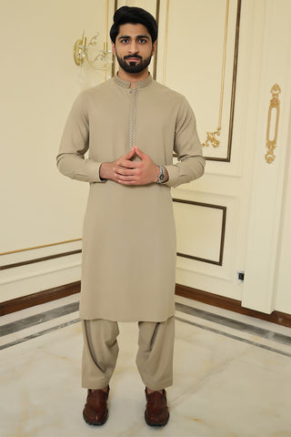 Men Premium Embroidered  Kameez Shalwar Beige