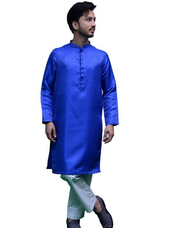 Mens Jamawar Kurta Blue