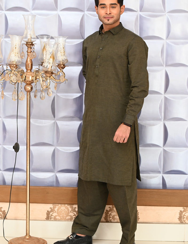 Men Blended Kameez Shalwar Green