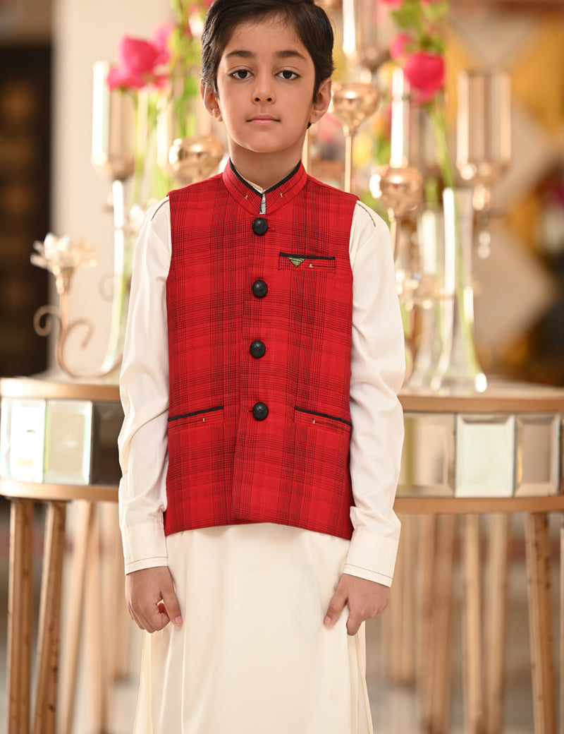 Boy Printed-check Waistcoat Red