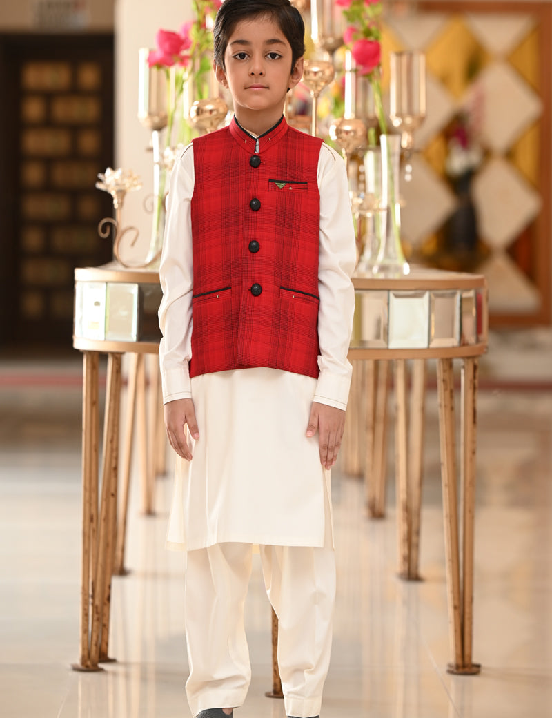 Boy Printed-check Waistcoat Red