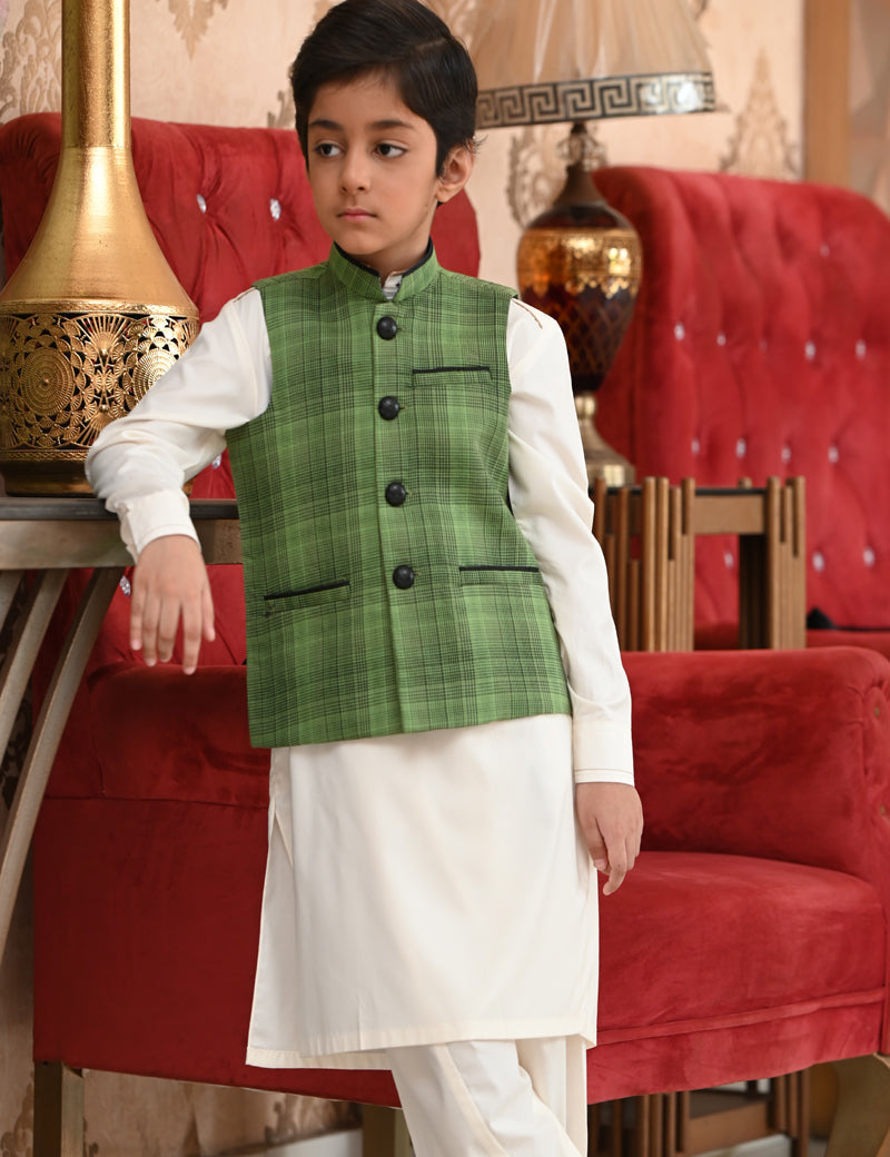 Boy Printed-check Waistcoat Green
