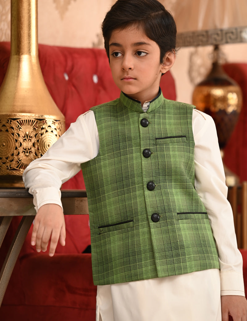 Boy Printed-check Waistcoat Green