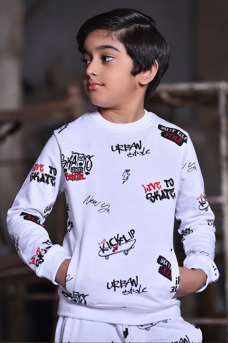 Boy Long Sleeve Allover Print Sweatshirt White
