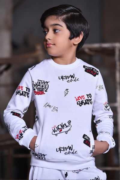 Boy Long Sleeve Allover Print Sweatshirt White