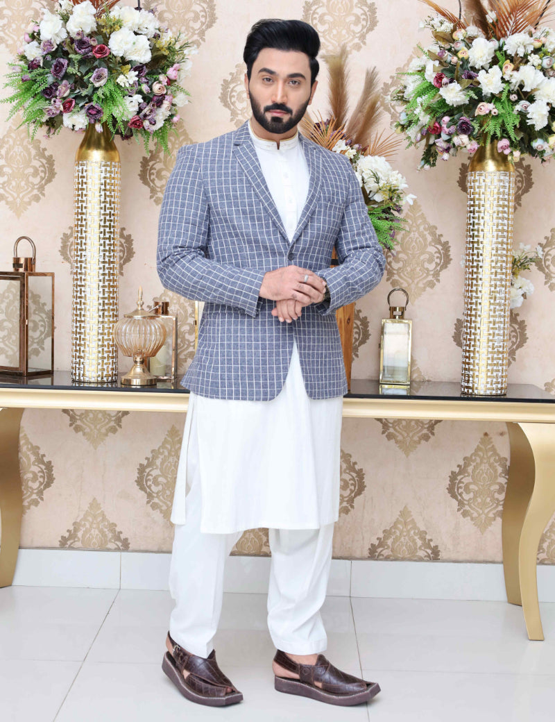 Men Casual Coat Blue Check