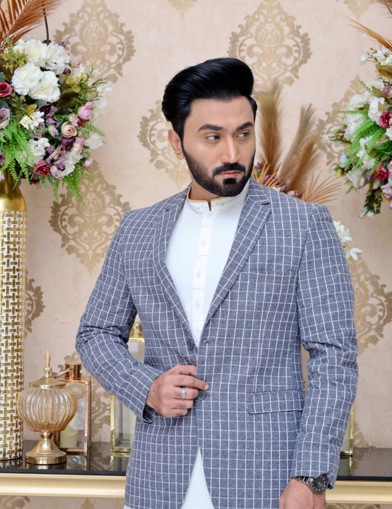 Men Casual Coat Blue Check