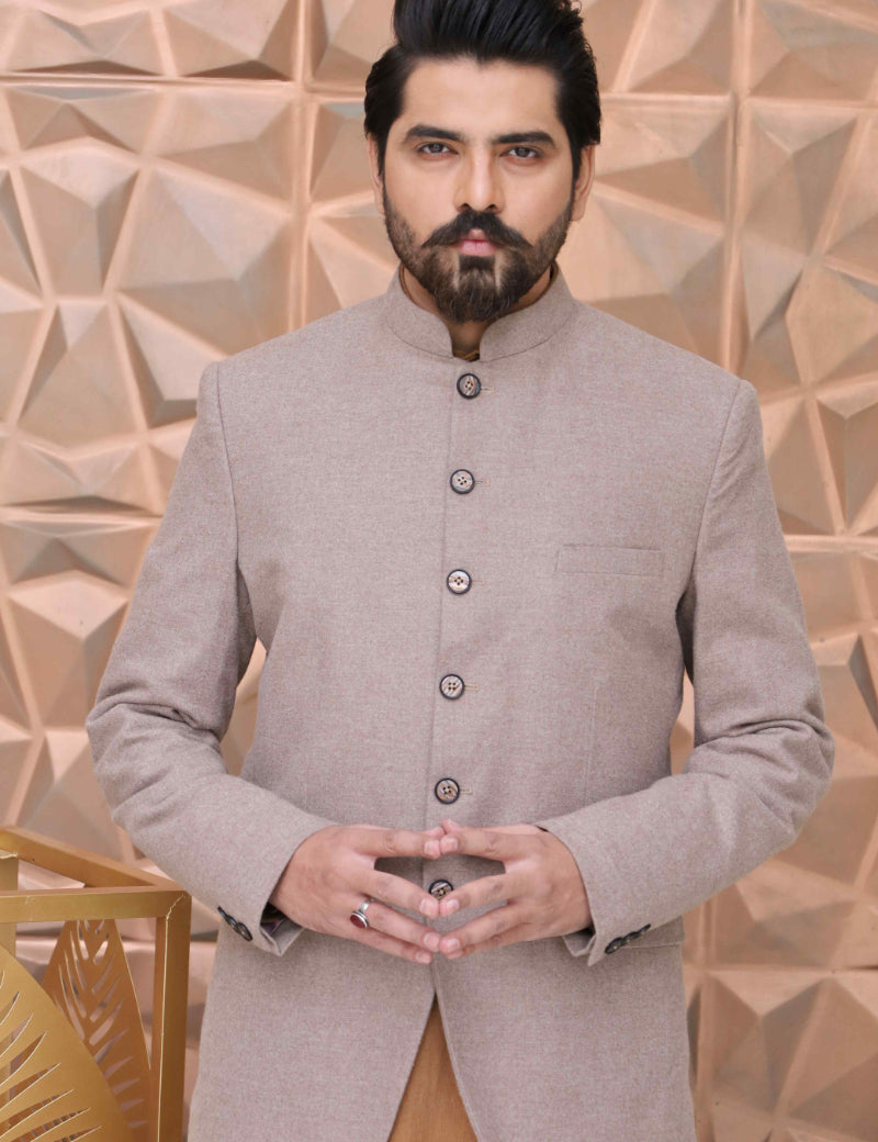 Semi-Formal Prince Coat for Men on textured-wool Fabric Brown