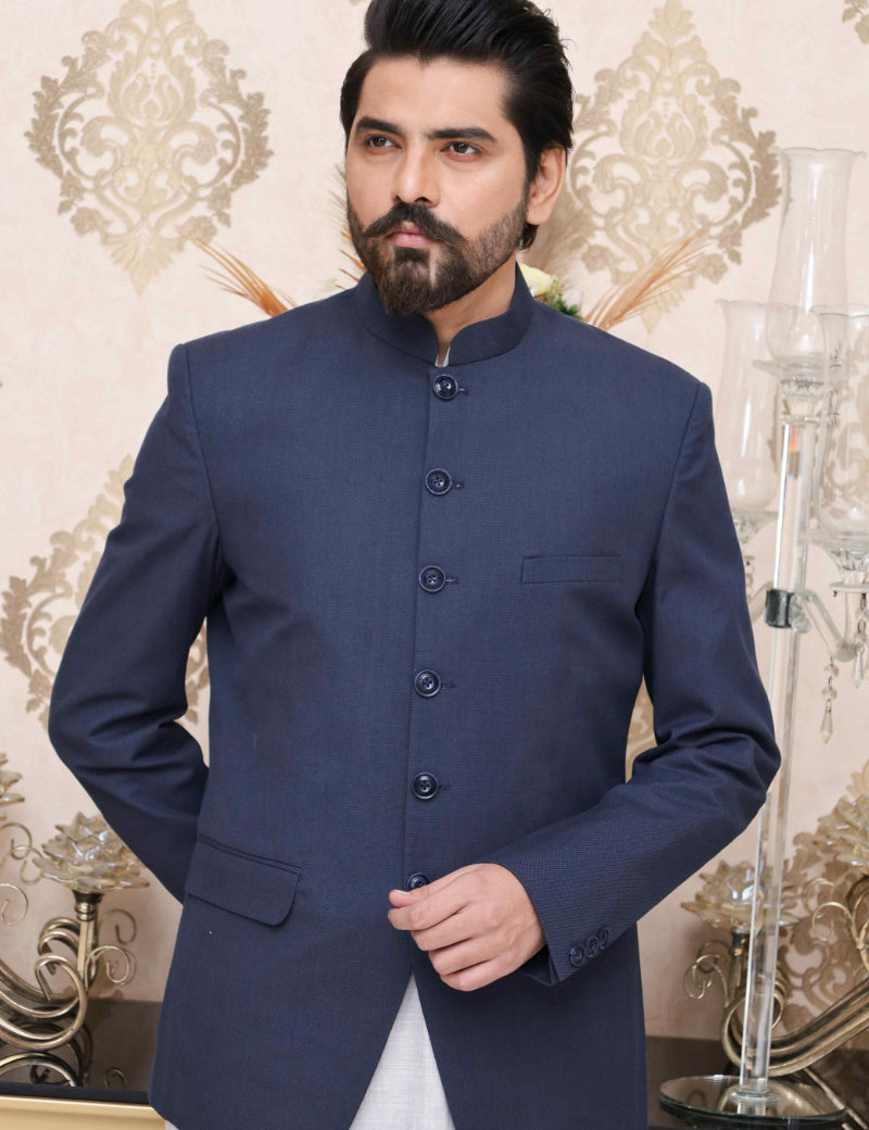 Men Textured Prince Coat Navy