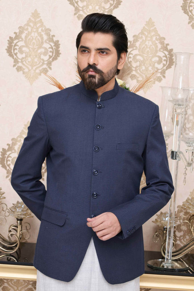 Men Semi-Formal Textured Prince Coat Navy - Main Image