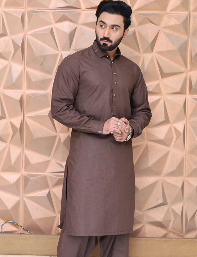 Premium fabric (DYED TEXTURED-CHAMBRAY) kameez shalwar B-BROWN