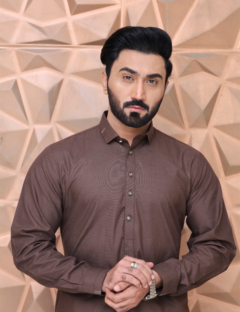 Premium fabric (DYED TEXTURED-CHAMBRAY) kameez shalwar B-BROWN