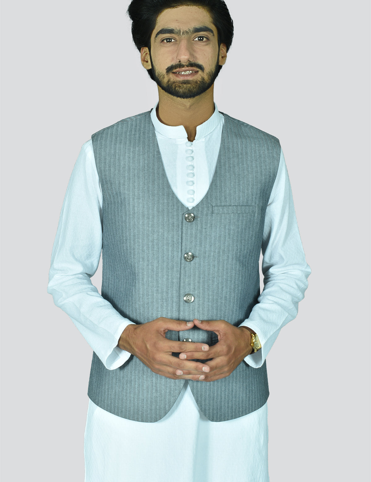 Men Round Cut Style Waistcoat Light Blue